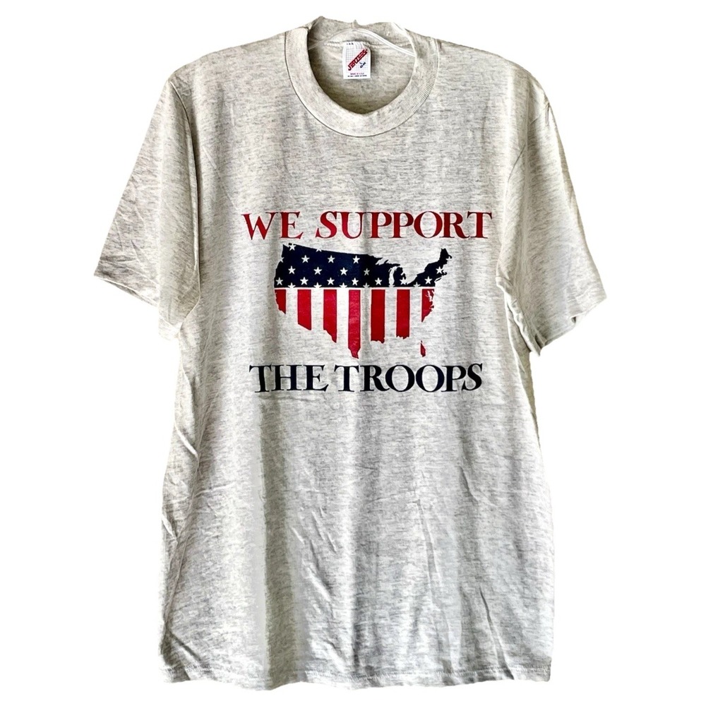 Jerzees We Support The Troops Gray Vintage 90s Graphic T-Shirt NOS Made in USA